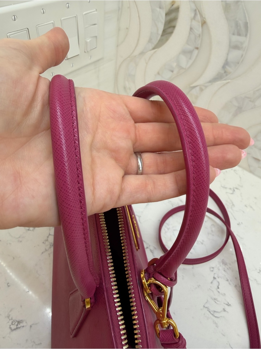 Prada Magenta Saffiano Mini Pyramid Bag with Gold Hardware. Excellent pre-loved. - Picture 12 of 15